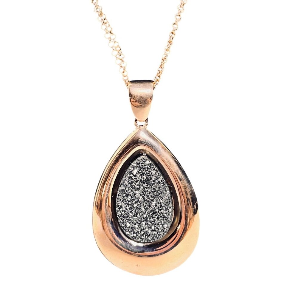 Bronzo Italia Rose Gold Tone Necklace With Black Druzy Teardrop Pendant (6292) - Picture 2 of 8